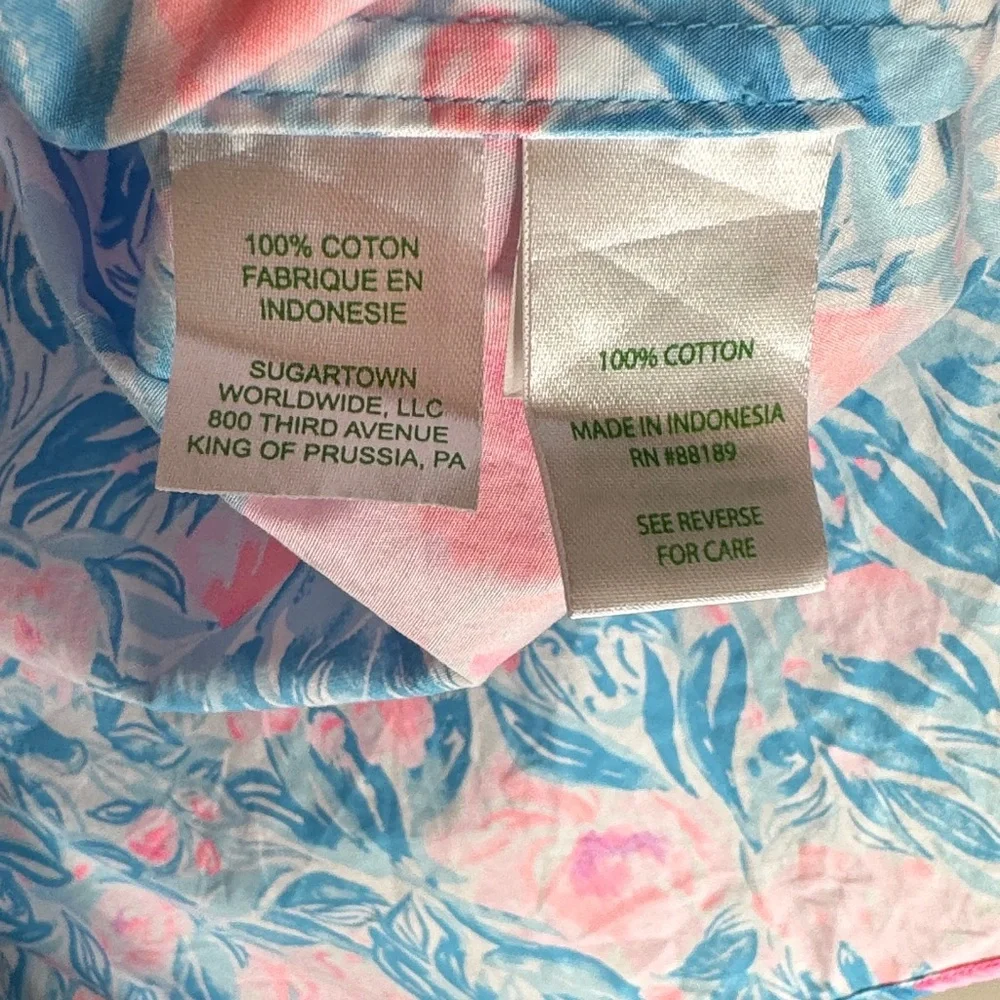 Lilly Pulitzer Ivee “Bondi Blue my Little Peony” Floral Puff Sleeve Cotton Vneck